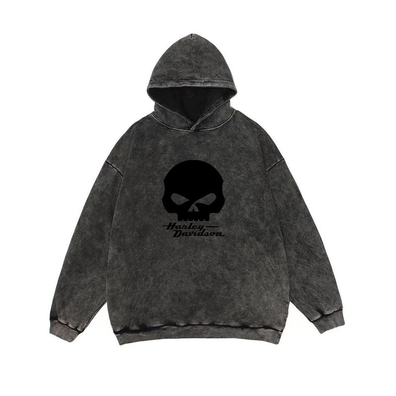 H D Punk Skull Logo Washed Cotton Hoodie