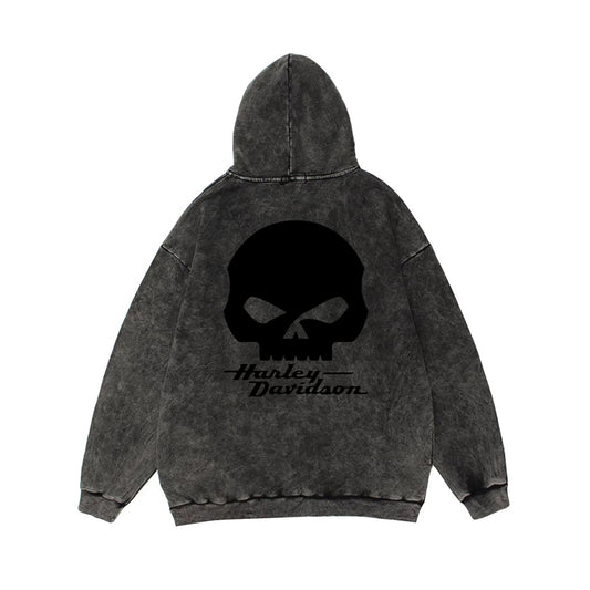 H D Punk Skull Logo Washed Cotton Hoodie