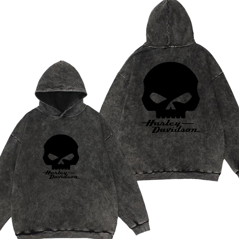 H D Punk Skull Logo Washed Cotton Hoodie