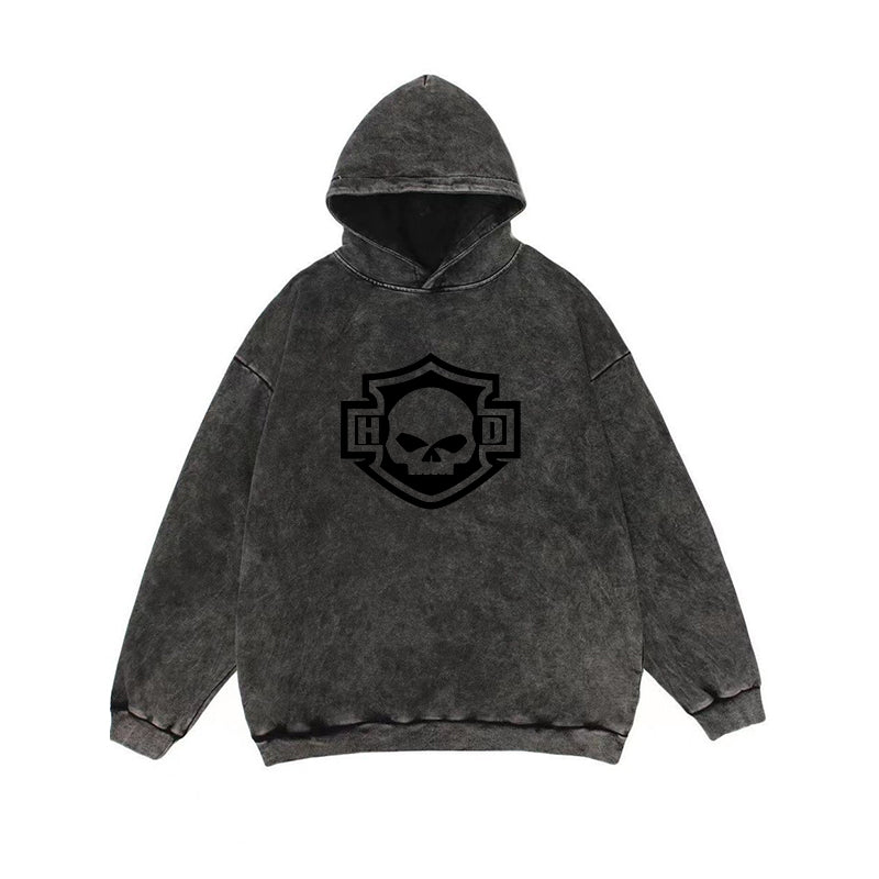 H D Skull Outline Logo Washed Cotton Hoodie