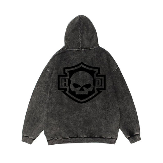 H D Skull Outline Logo Washed Cotton Hoodie