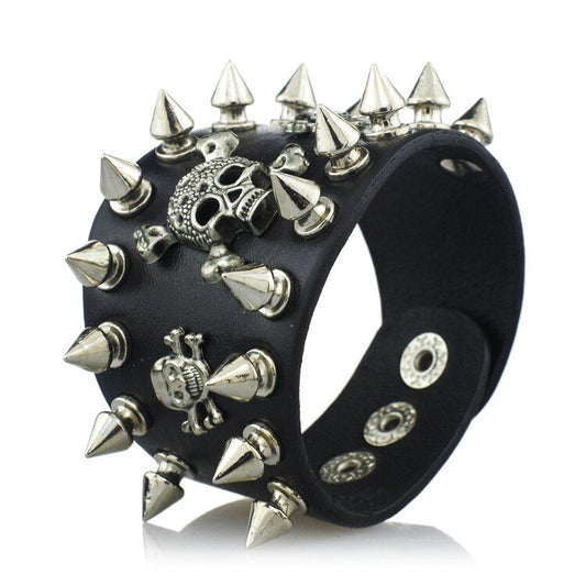 Rock Spikes Rivet Gothic Skeleton Skull Biker Leather Bracelet