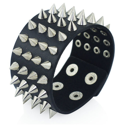 Four Row Cuspidal Spikes Rivet Stud Leather Bracelet