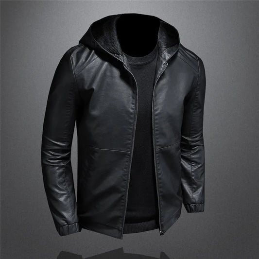 Black Faux Leather Windproof Slim Jacket