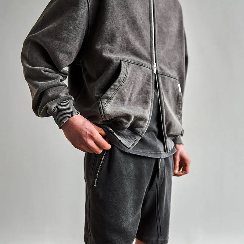 Gray Retro Washed Dirty Cut Zip Hooded