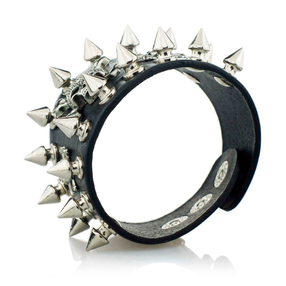 Rock Spikes Rivet Gothic Skeleton Skull Biker Leather Bracelet