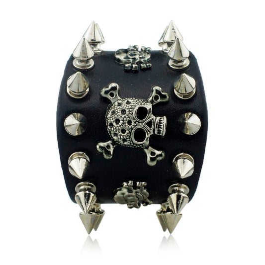 Rock Spikes Rivet Gothic Skeleton Skull Biker Leather Bracelet