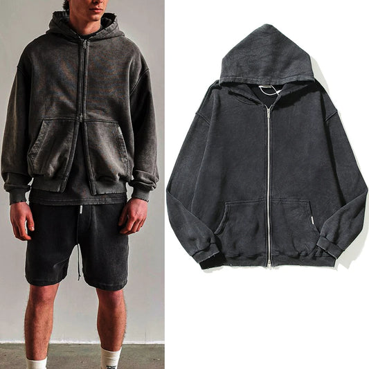 Gray Retro Washed Dirty Cut Zip Hooded