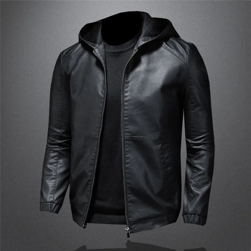 Black Faux Leather Windproof Slim Jacket