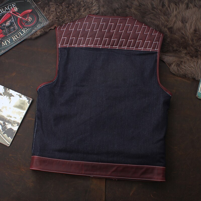 Club Riding Cowhide Denim Patchwork Motorcycle Vest