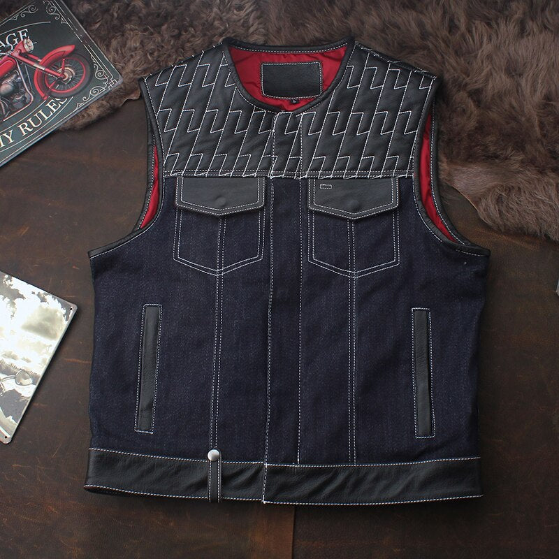 Club Riding Cowhide Denim Patchwork Motorcycle Vest