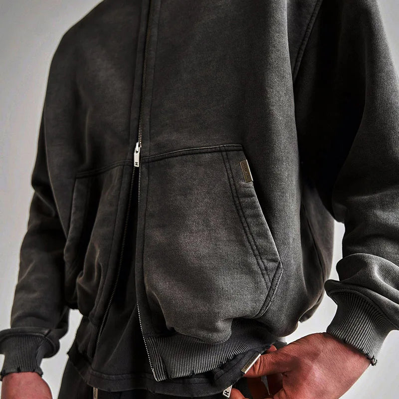 Gray Retro Washed Dirty Cut Zip Hooded