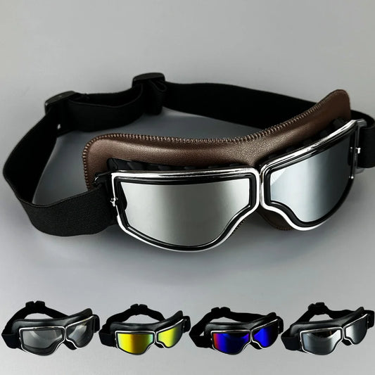 Retro Motorcycle Pilot Windproof Leather Glasses