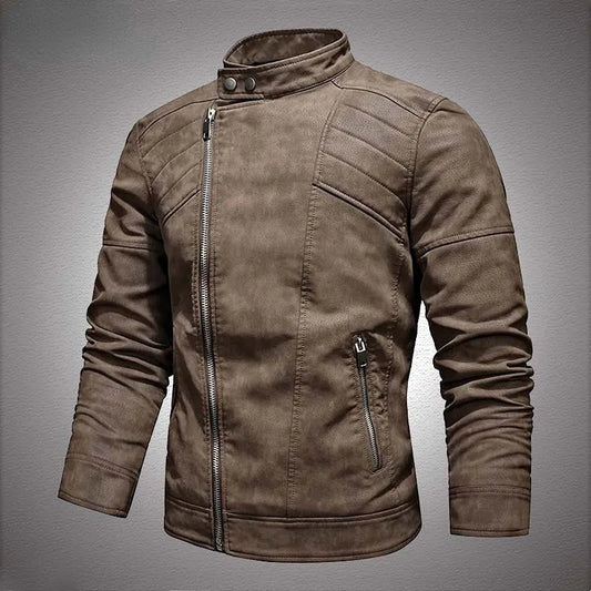Winter Fleece Warm Diagonal Zipper Motorcycle PU Leather Jacket
