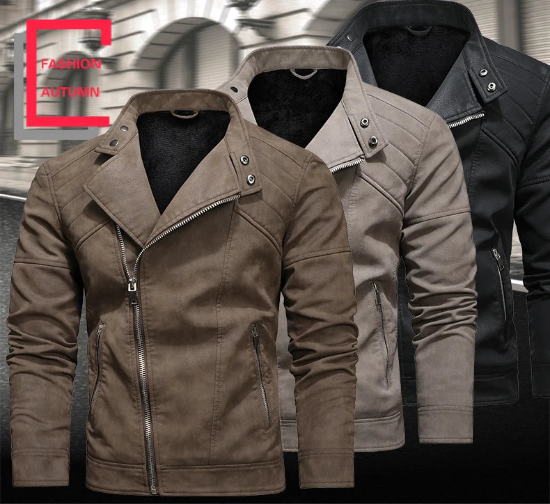 Winter Fleece Warm Diagonal Zipper Motorcycle PU Leather Jacket