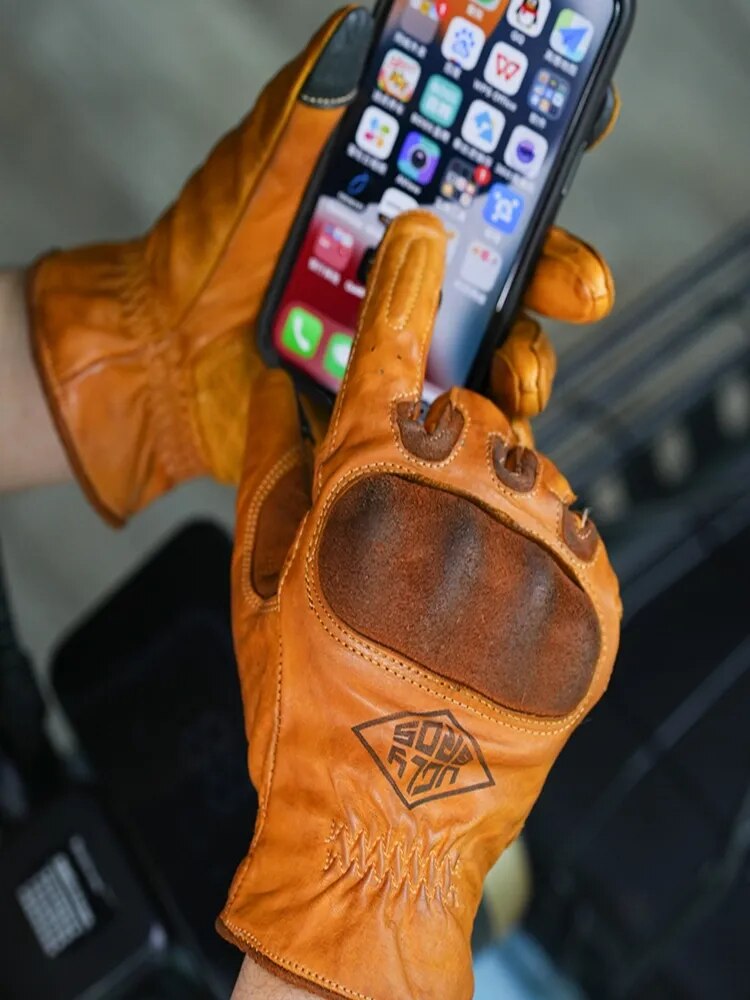 Retro Leather Touch Screen Motorcycle Gloves