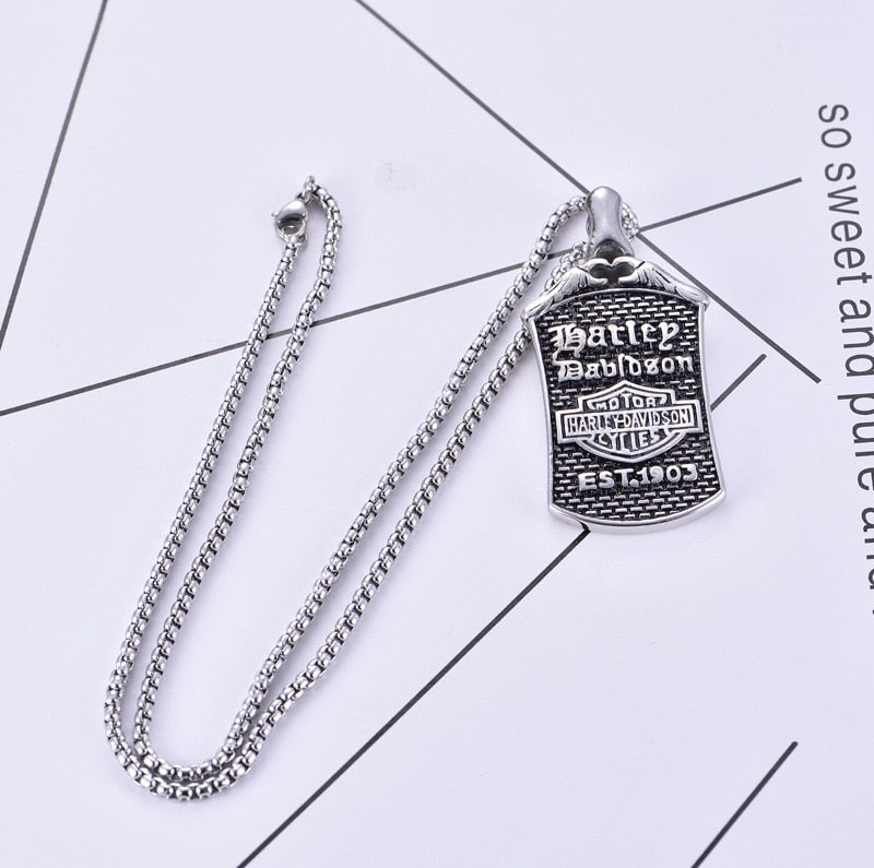 H D Stainless Steel Vintage Badge Necklace