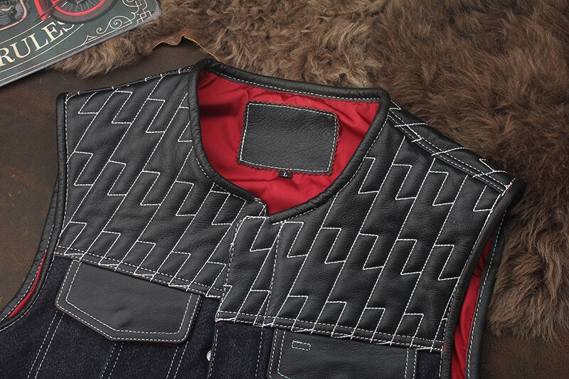 Club Riding Cowhide Denim Patchwork Motorcycle Vest