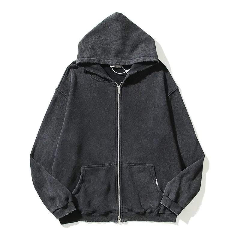 Gray Retro Washed Dirty Cut Zip Hooded