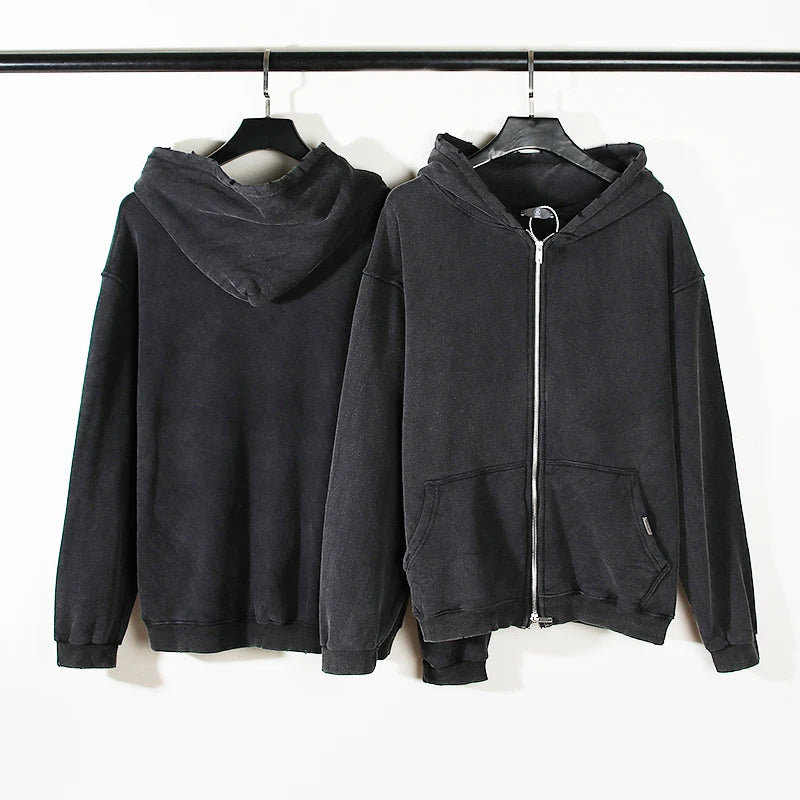 Gray Retro Washed Dirty Cut Zip Hooded