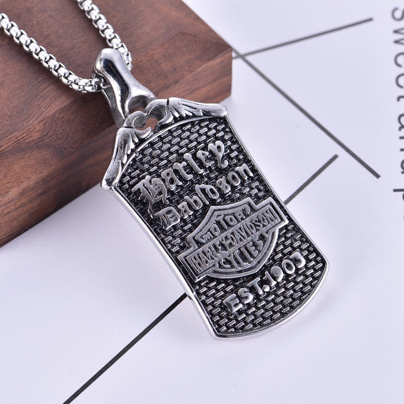 H D Stainless Steel Vintage Badge Necklace