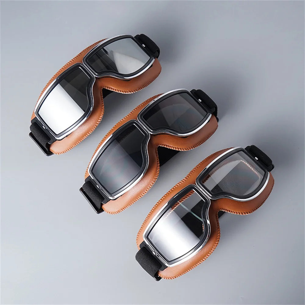 Retro Motorcycle Pilot Windproof Leather Glasses