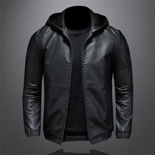 Black Faux Leather Windproof Slim Jacket