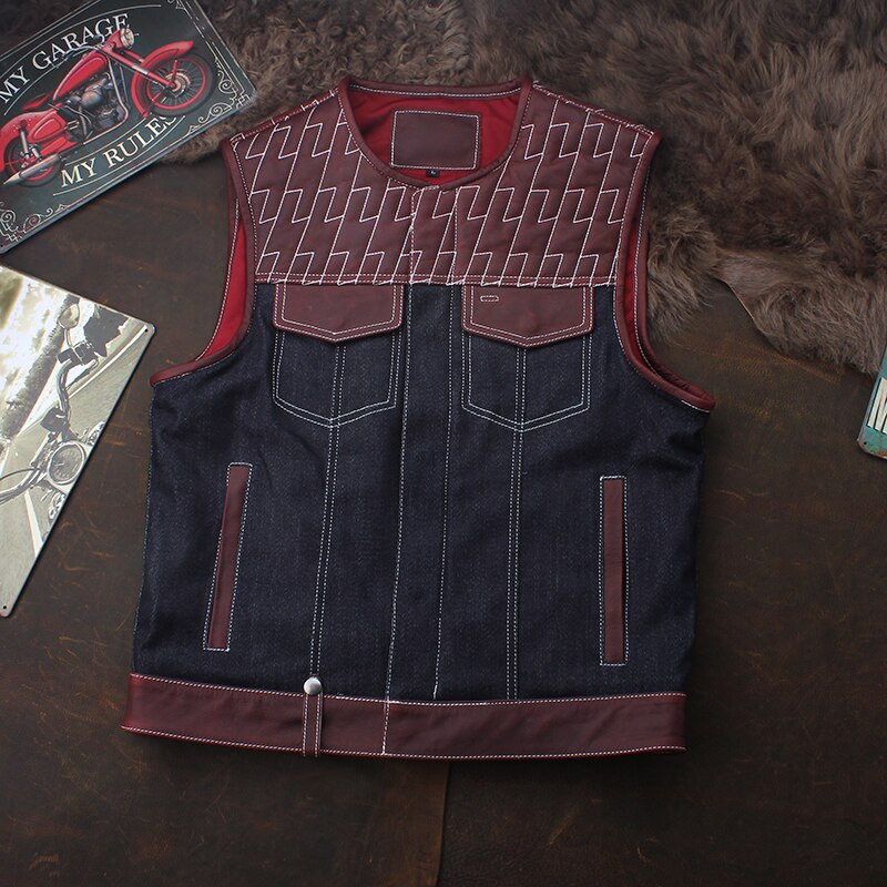 Club Riding Cowhide Denim Patchwork Motorcycle Vest