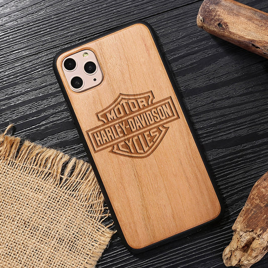 Engraved HD Motorcycle Natural Wood Back Cover For All iPhones