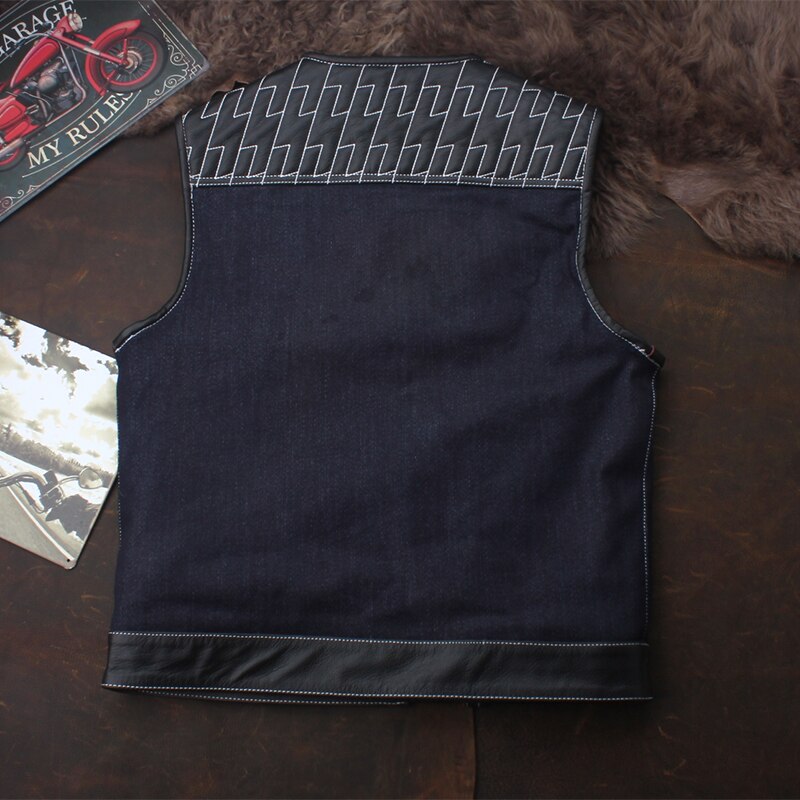 Club Riding Cowhide Denim Patchwork Motorcycle Vest