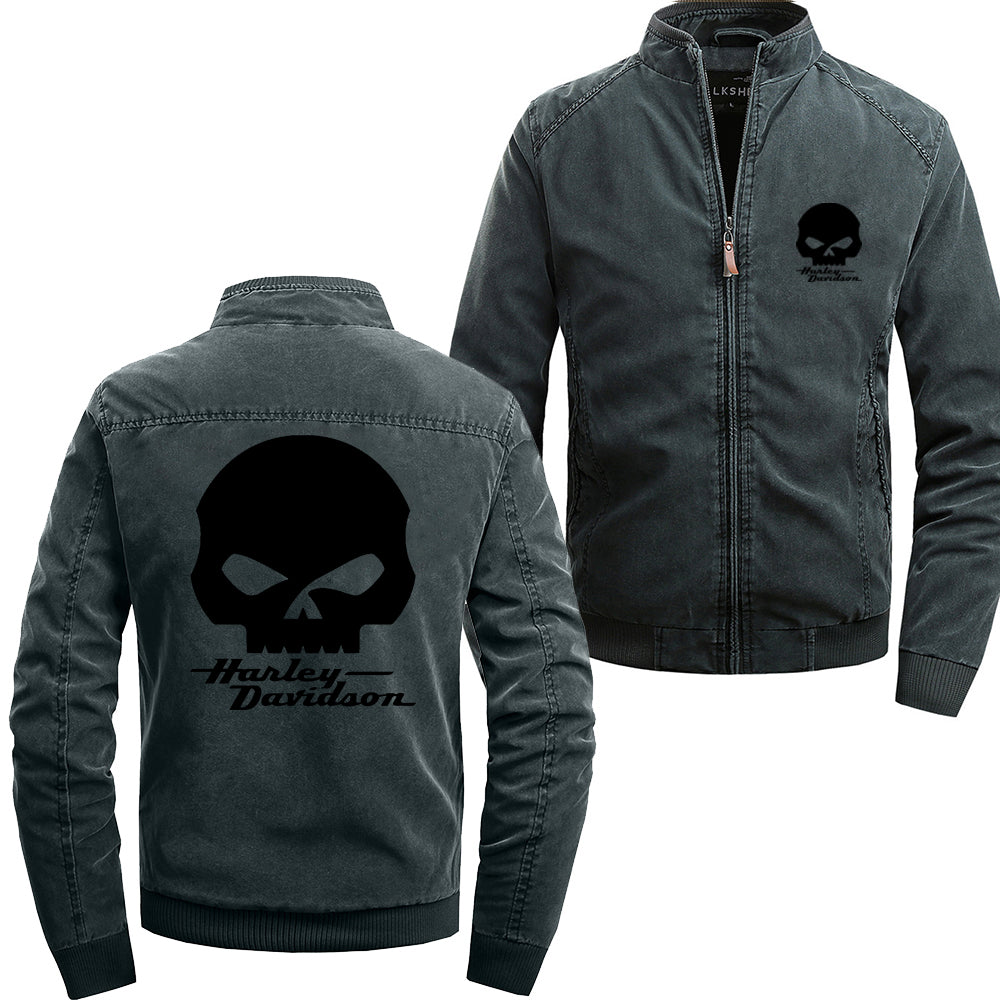 Stand Collar H D Punk Skull Logo Cotton Jacket