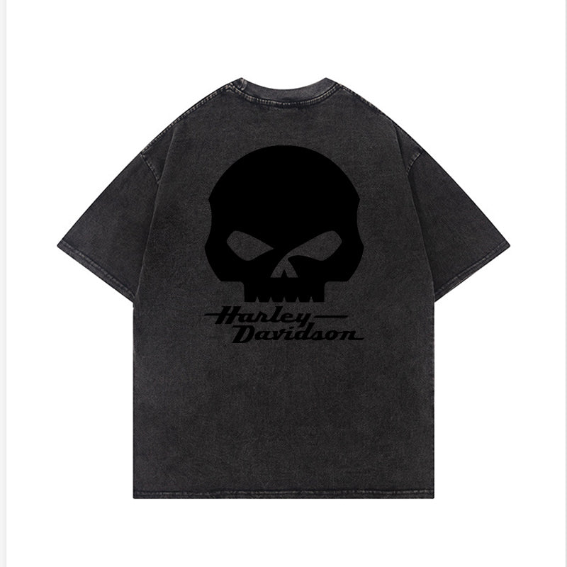 H D Punk Skull Logo Washed Cotton Short Sleeve T-shirt