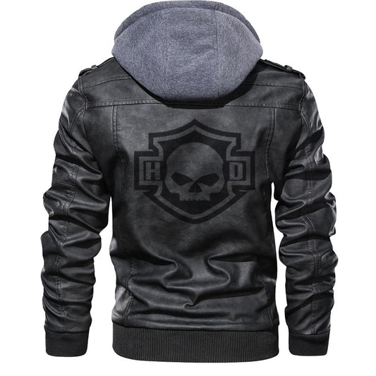 H D Skull Outline Logo PU Leather Jacket