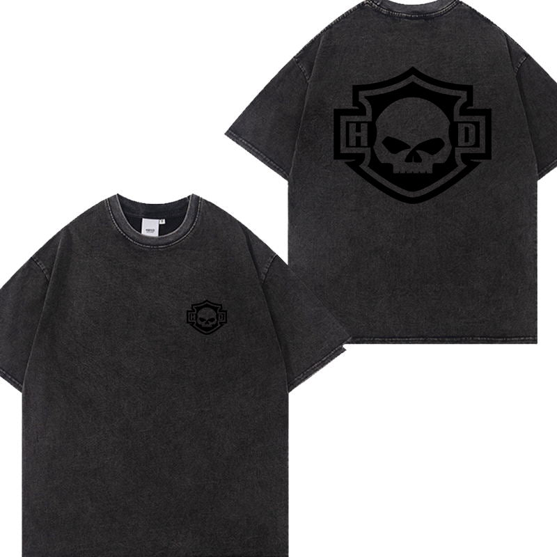 H D Skull Outline Logo Washed Cotton Short Sleeve T-shirt