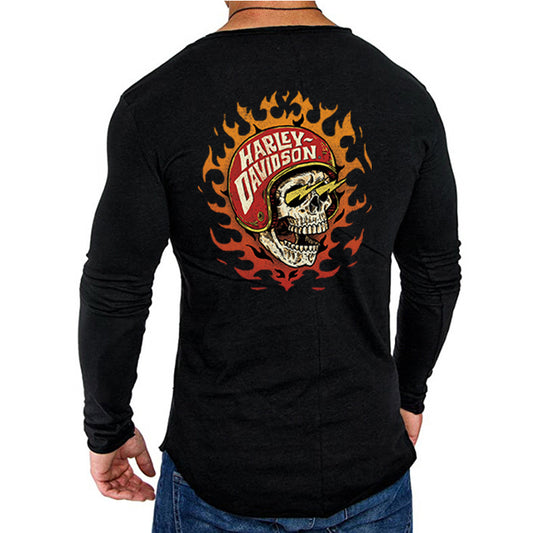 H D Burning Skull Logo Long Sleeve T Shirt