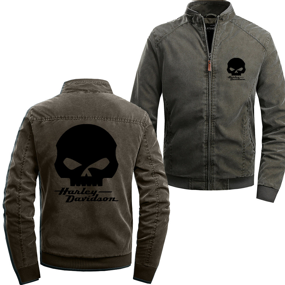 Stand Collar H D Punk Skull Logo Cotton Jacket