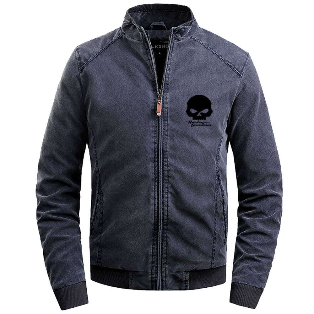 Stand Collar H D Punk Skull Logo Cotton Jacket