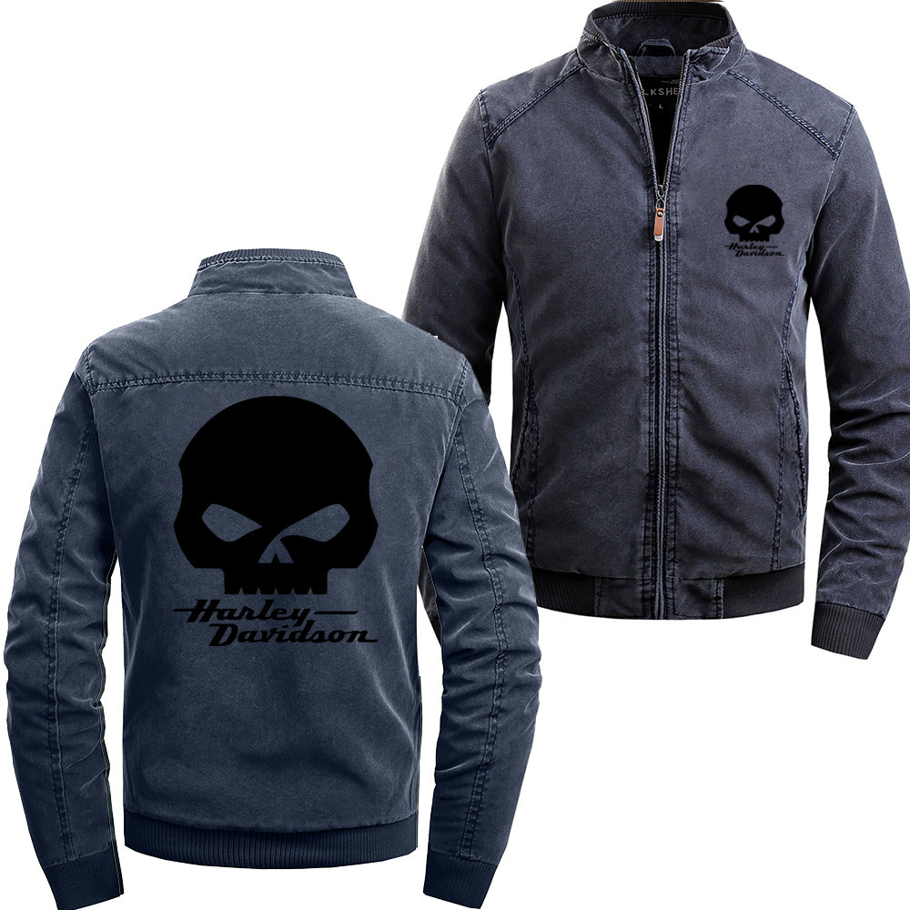 Stand Collar H D Punk Skull Logo Cotton Jacket