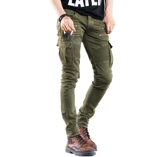 Distressed Slim Motorcycle Cargo Trousers