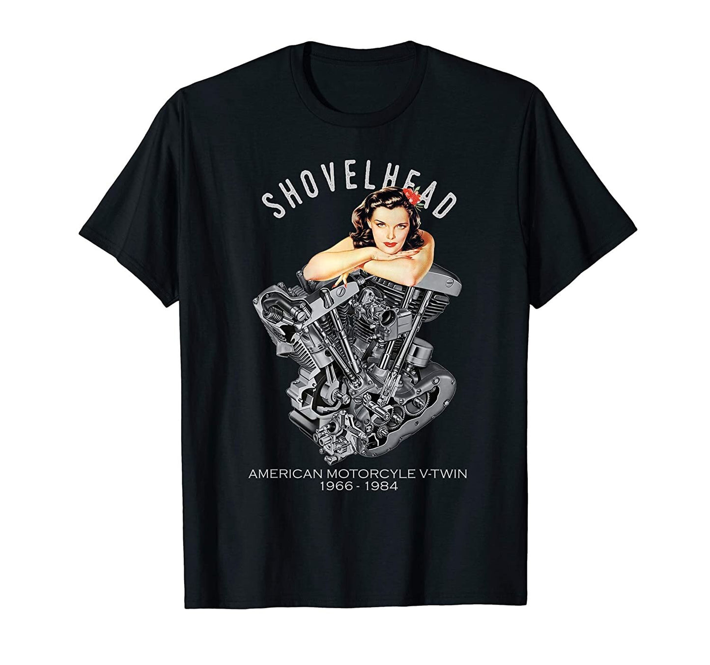 Black Old School Motorcycle Shovelhead VTwin Engine T shirt