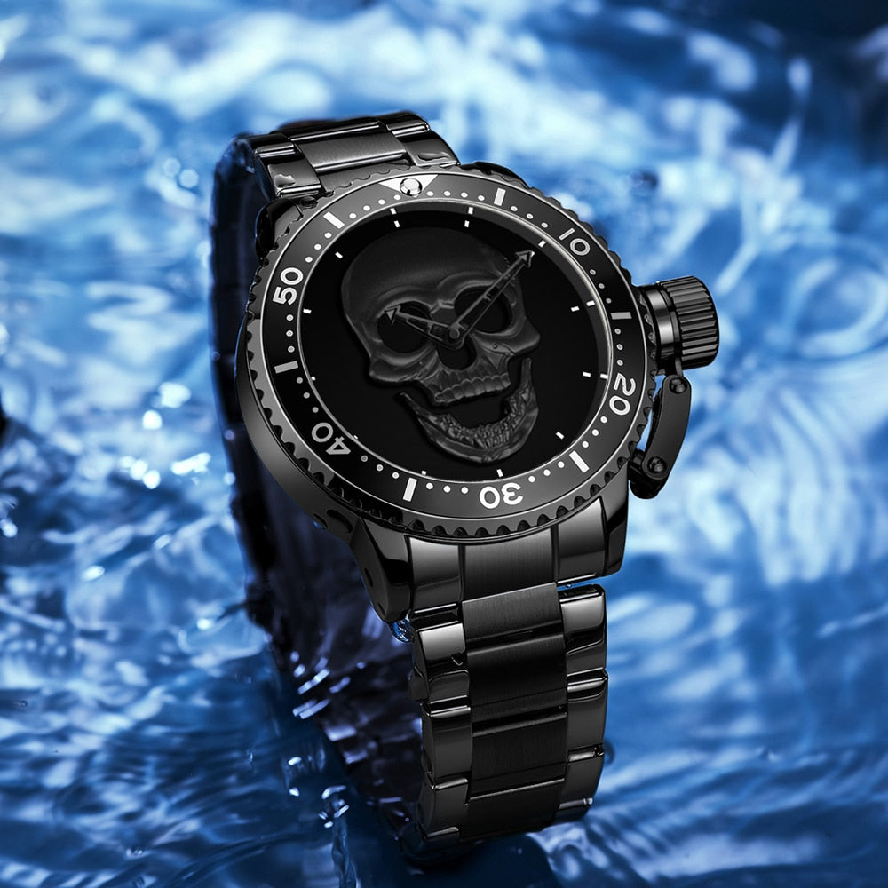 3D Skeleton Skull Unidirectional Bezel 30M Waterproof Watch
