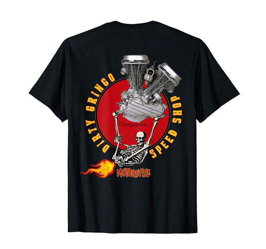 Black The Dirty Gringo Speed Shop Fire Fart Skeleton Panhead VTwin T-Shirt