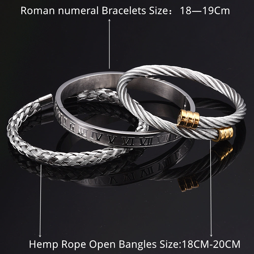 3Pcs Stainless Steel Bracelets Set Luxury Gold Roman Numeral Stackable  Bangles