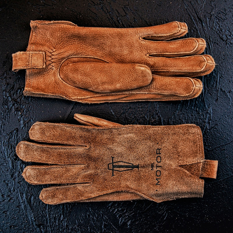 Retro Frosted Cowhide Leather Motorcycle Gloves