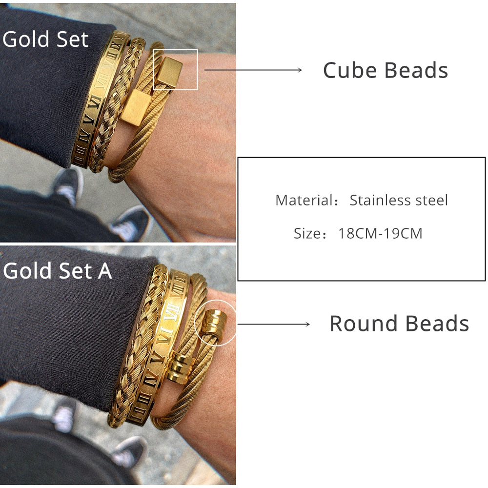 Luxury 3Pcs/Set Gold Silver Color Stainless Steel Bracelet for Men