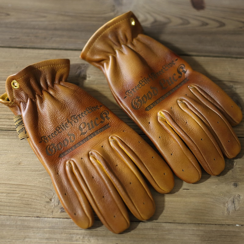 Cowhide Leather Full Finger Motorcycle Vintage Gloves