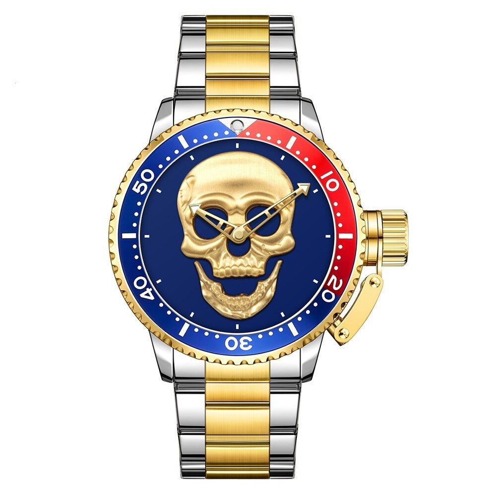 3D Skeleton Skull Unidirectional Bezel 30M Waterproof Watch