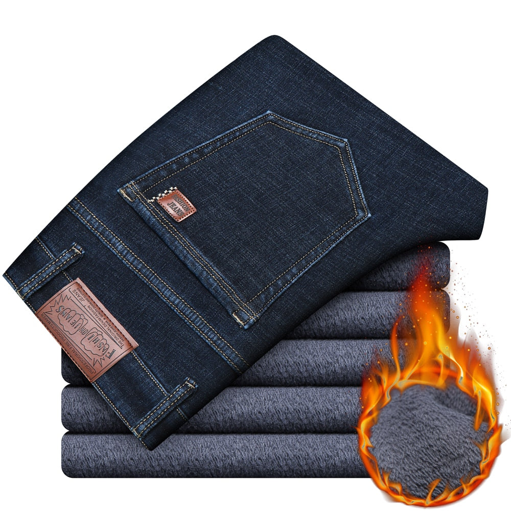 Winter Warm Classic Denim Straight Fleece Trousers