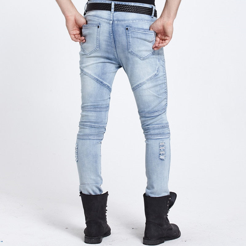 Elastic Ripped Motorcycle Jeans