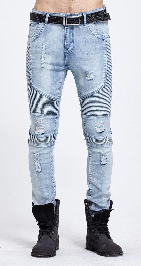 Elastic Ripped Motorcycle Jeans